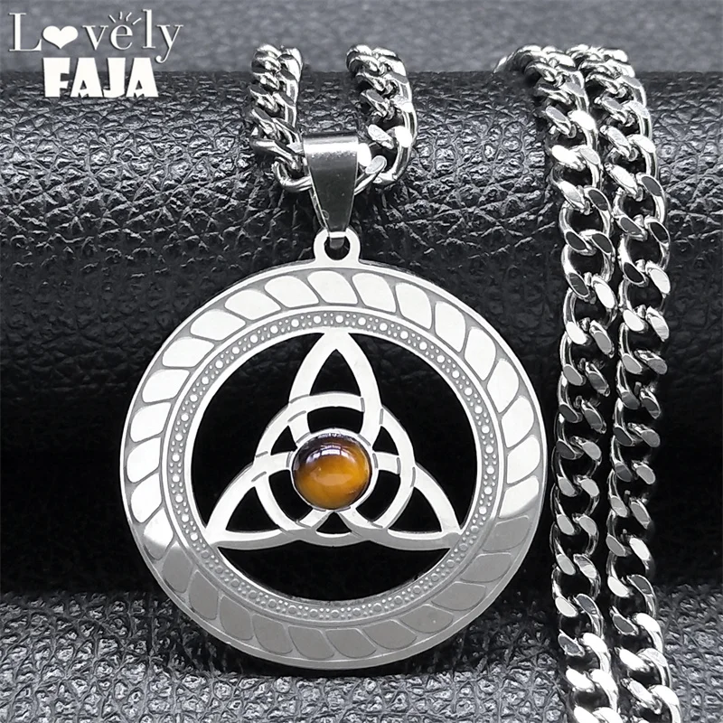 

Triskele Celtic Irish Knot Necklace Tiger Eye Natural Stone Stainless Steel Trinity Necklaces Jewelry nudo de bruja N8064SRS03