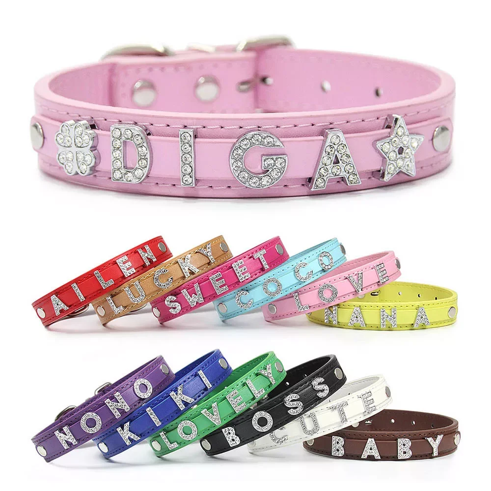 

NEW2022 (Free Bling Rhinestone Letter)Custom Pet Cat Dog Collar Leather Puppy Collars For Small Medium Dogs Target Personalized
