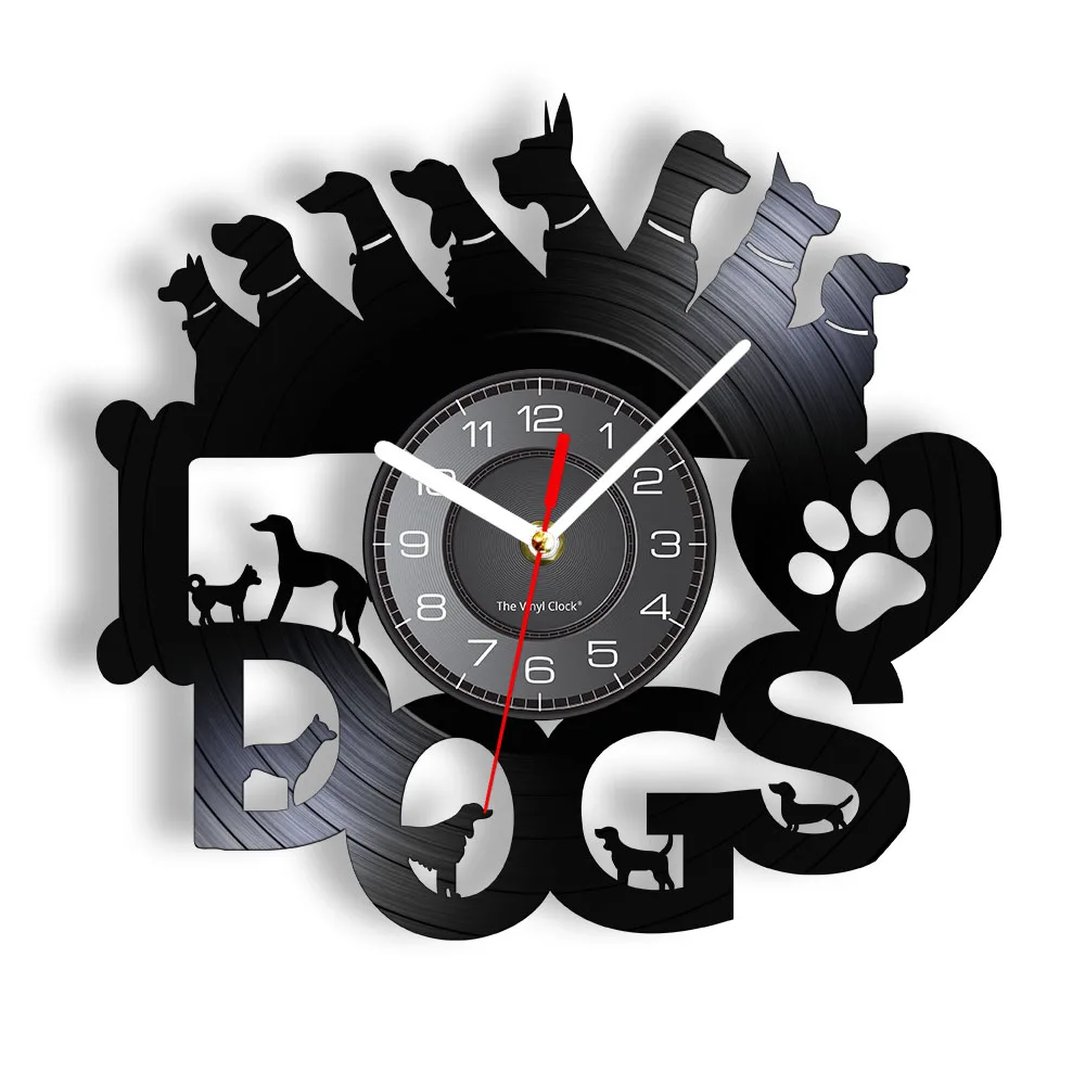 I Love Dogs Vinyl Record Wall Art Wall Clock Puppies Clock Different Dog Breeds Wall Decor Vintage Clock Gift For Dog Lovers