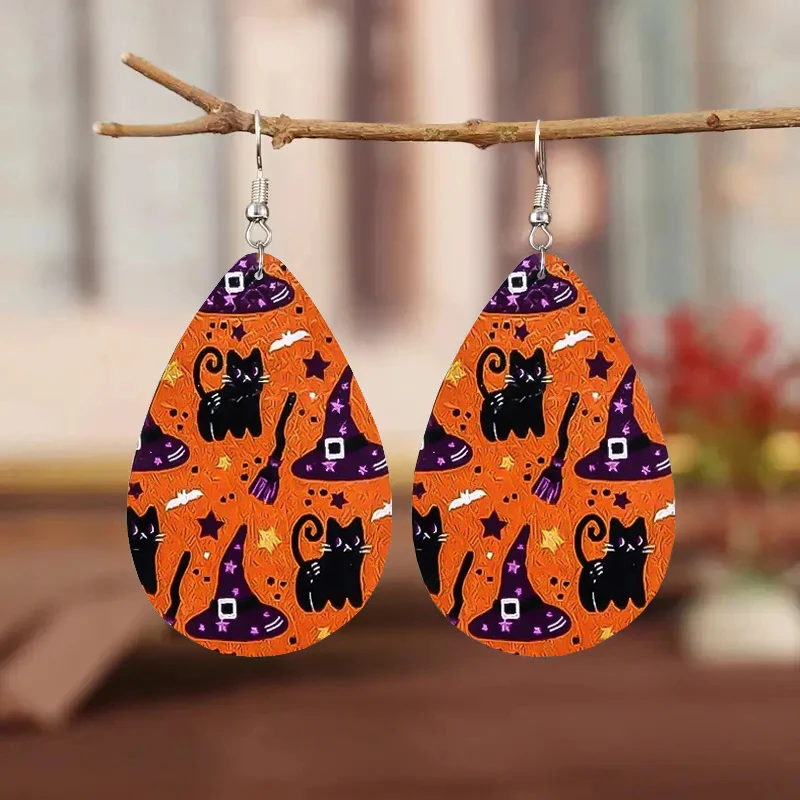 

1Pair Bohemian Fashion Style PU Leather Droplet Earrings Cat Print Men's and Women's Daily Wear Ear Jewelry Creative Personalize