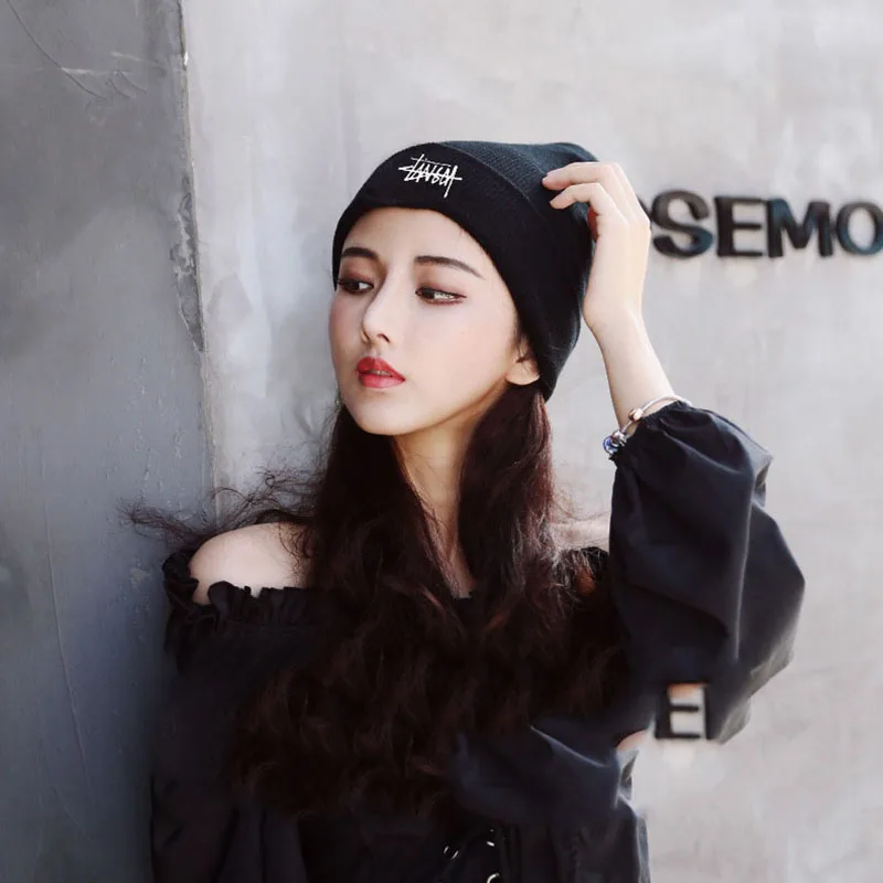 Korean Style Fashion All-Match Hat Men And Women Solid Color Embroidered Knitted Hat Big Head Circumference Knitted Hat