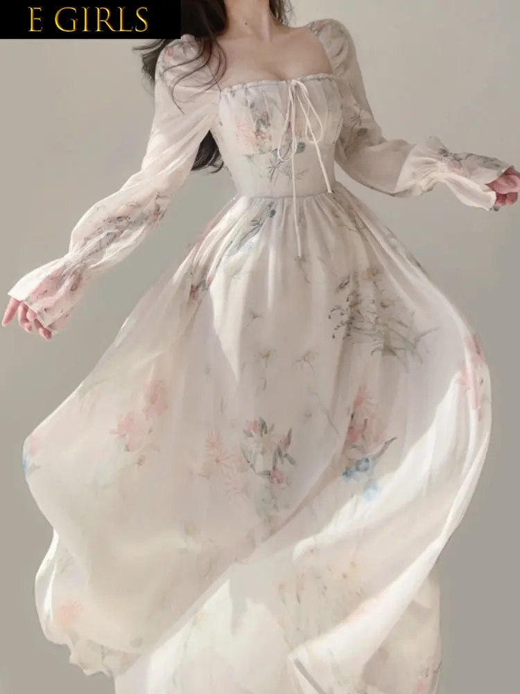 

Женское шифоновое платье-миди с длинным рукавом и цветочным принтом