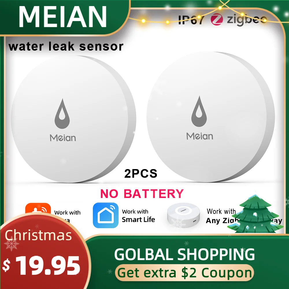 MEIAN ZigBee Linkage Water Immersion leakage security alarm Sensor Water Leak Detector Overflow Alert Waterproof Smart Home 2PCS