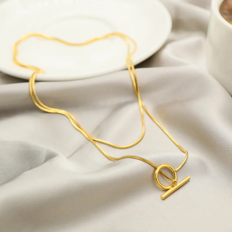 

Necklace for Women Double Layered OT Buckle Sweater Chain with Titanium Steel Plated 18K Gold Without Fading Luxury Jewelry
