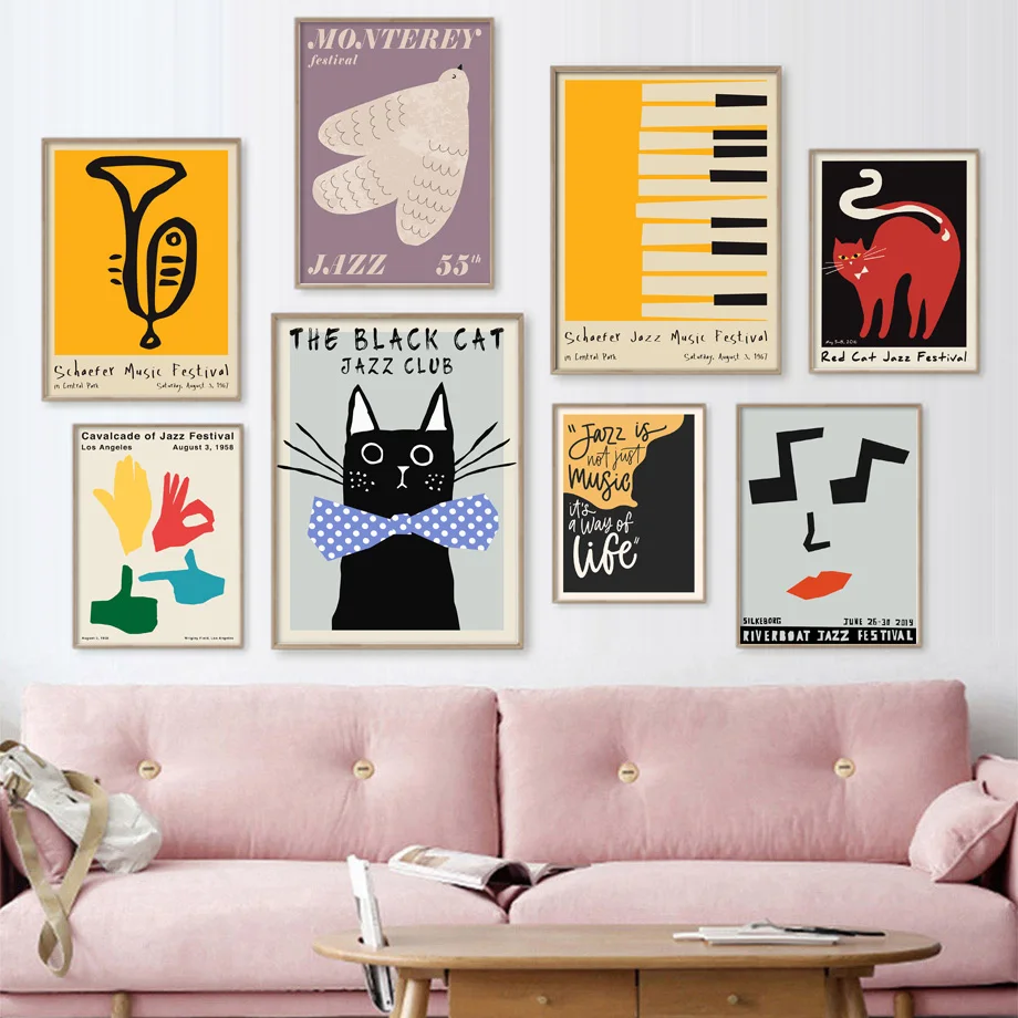 

Abstract Wine Jazz Festival Red Black Cat Wall Art Canvas Painting Nordic Posters And Prints Wall Pictures For Living Room Decor
