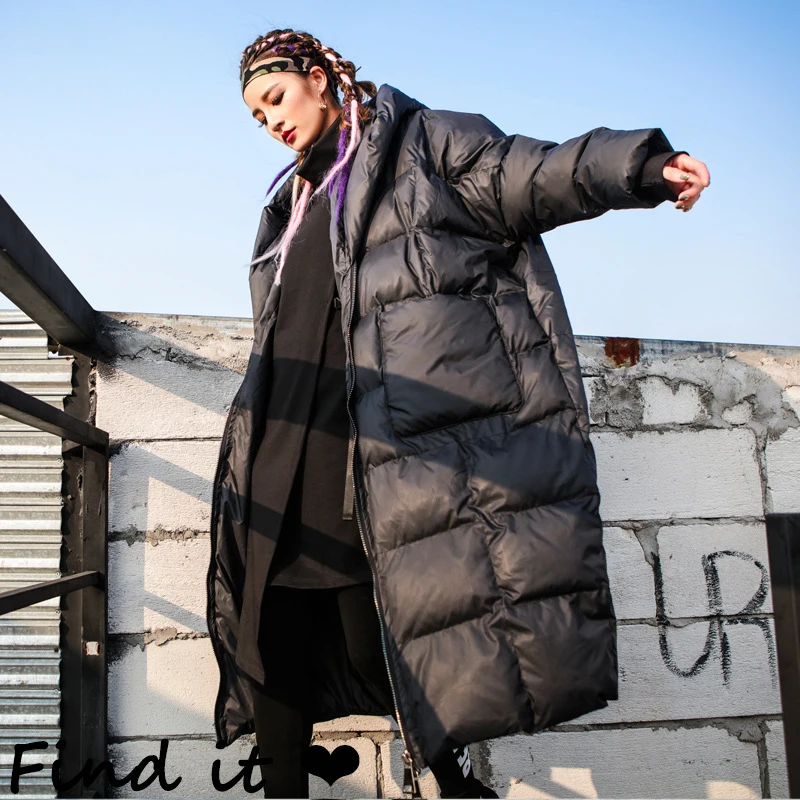 Winter Streetwear Loose Long Down Cotton Coats Solid Hooded Fashion Tops Thick Warm Padded Jacket Female Clothing Black Parkas