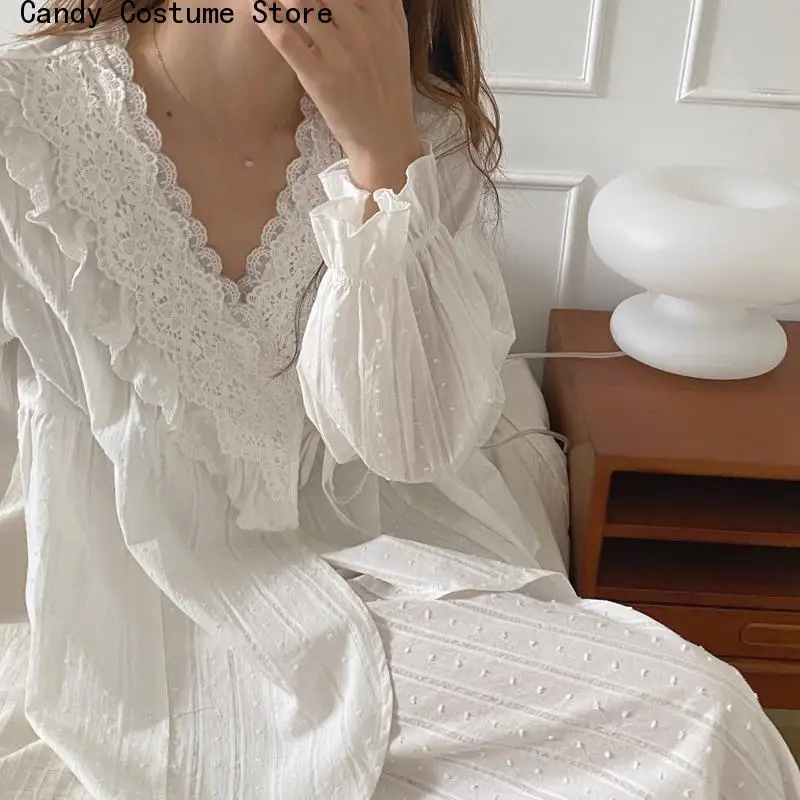 Sweet Palace White Sets Style Home Clothes Korean Autumn Lace Elegant Solid Color Pajamas Suit Women Cotton
