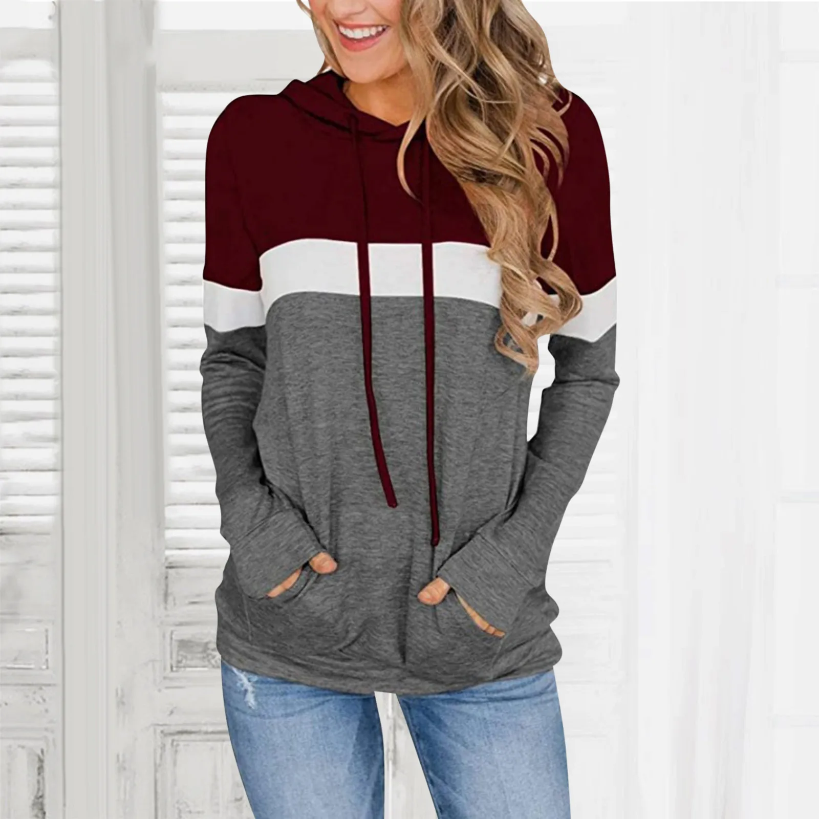 

Women's ound Neck Tops Long Sleeve Casual Color Splice Drawstring Hoodies Blouse Knitted Hoodie Long Tunic Hoodies Women