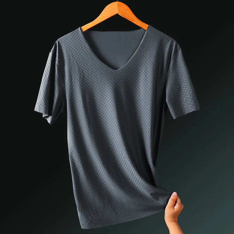 

New Summer male v neck summer Tops youth thin elastic T Shirts cultivate morality grid quick dry campaign half sleeve shirt