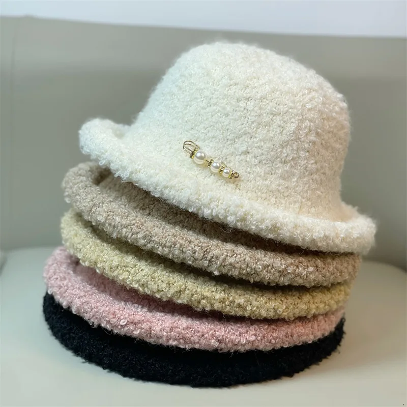 

New curled lamb fleece pearl fisherman hat children's autumn and winter Korean style warm fashion face-showing cute basin hat