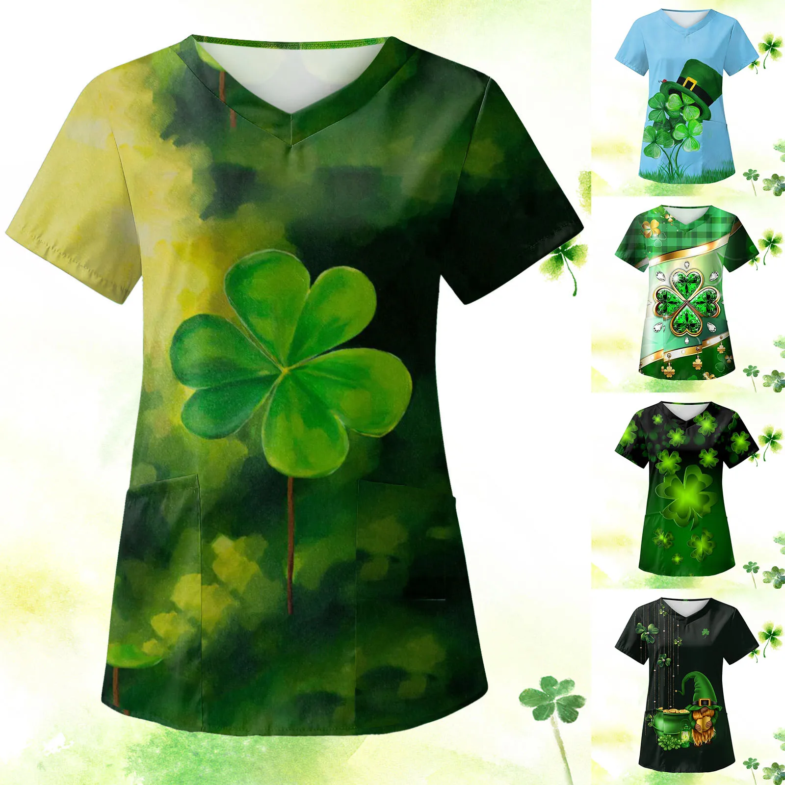 

Womens Fashion Print Short Sleeve Pocket V Neck T Shirt Top Spandex T Shirts Women's T Shirt