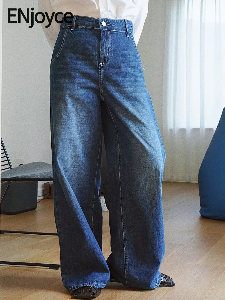 

ENjoyce Spring Fall Women Original Cotton High Waist Jeans Casual Loose Straight Denim Pants Ladies Wide Leg Mopping Trousers