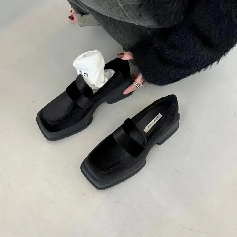 Autumn New Thick-soled Heightened Square-toe Velvet Women's Shoes Lightweight High-end Retro Green Loafers Pumps  Talon Femme