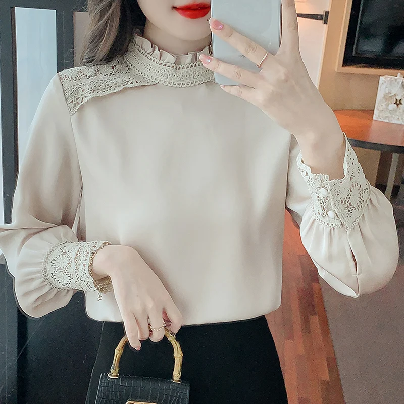 

Chiffon Women's Shirt Summer 2023 New Solid Blouses Loose Lace Patchwork Long Sleeve Top O-neck Ladies Clothing YCMYUNYAN