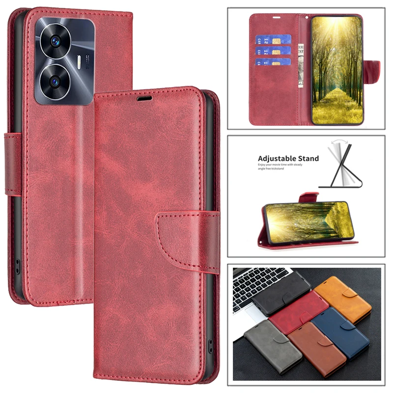 

Leather Wallet Case For Realme C53 C55 Etui Book Flip Cover For OPPO Realme C53 C55 C33 2023 C30 C31 C35 GT Neo3 Solid Phone Bag