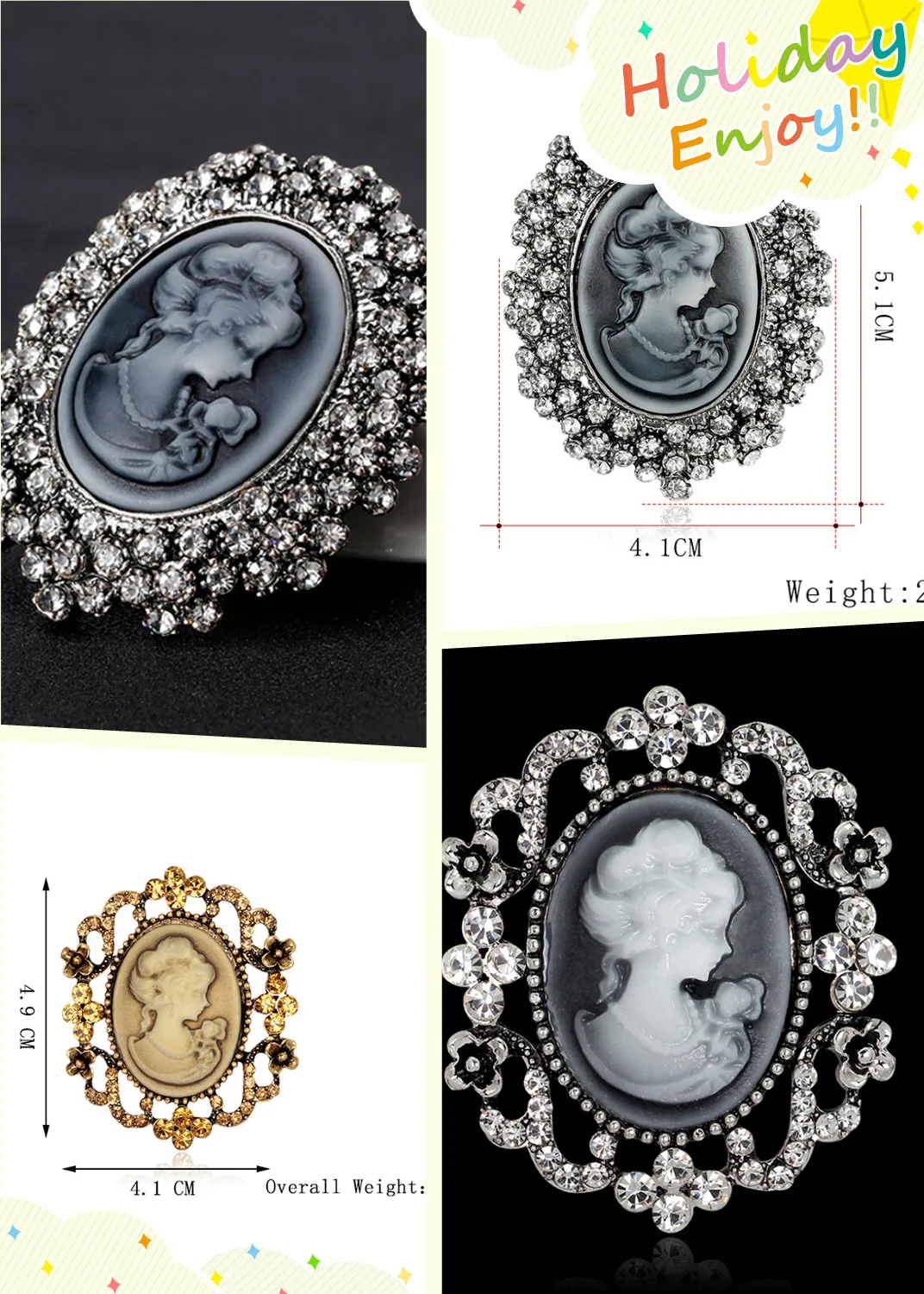 

1PC Crystal Rhinestone Lady Vintage Cameo Victorian Style Wedding Party Women Pendant Brooch Pin Free Shipping