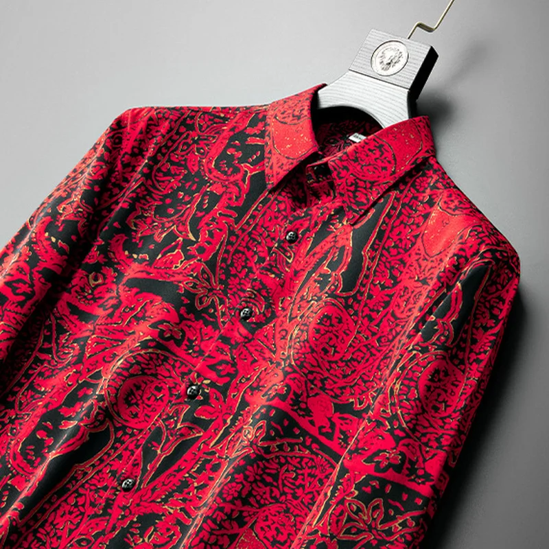 Light Luxury Print Men Shirts 2022 Autumn Long Sleeve Loose Casual Shirt Social Party Lapel Tops Streetwear Tuxedo Men Clothing
