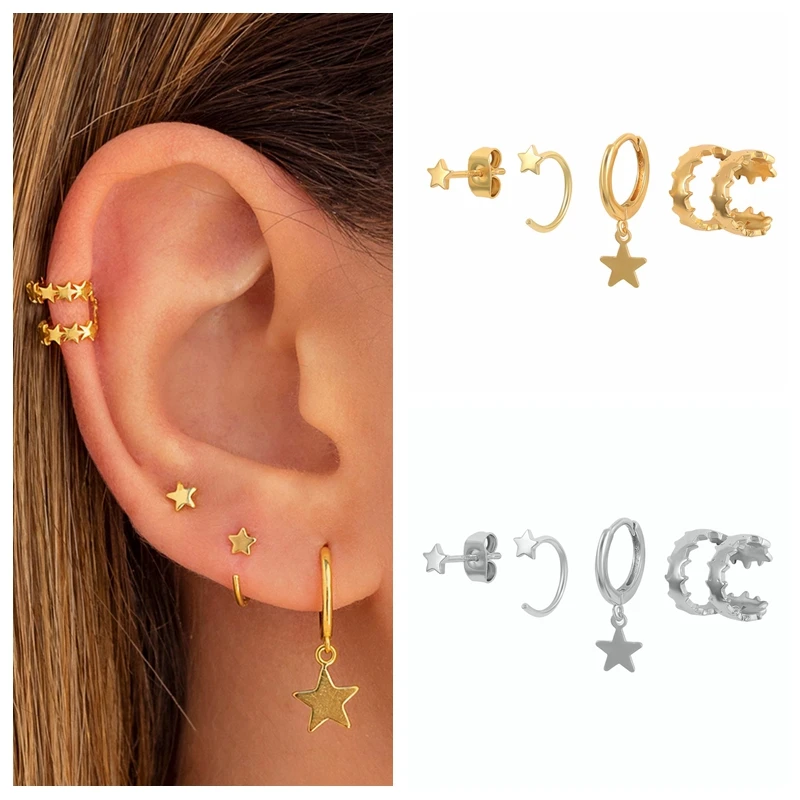 

BOAKO Golden Star 4Pcs Set Earring For Women Lightweight Earrings Kraakbeen Piercing Pendientes 2022 Trend Jewelry Gift