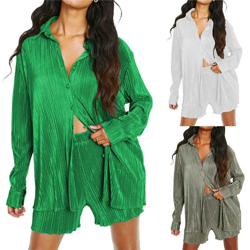 

Women Casual 2 Pcs Clothes Set, Solid Color Ruched Long Sleeve Button Down Shirts with Shorts Suit, 4 Colors, S/M/L/XL
