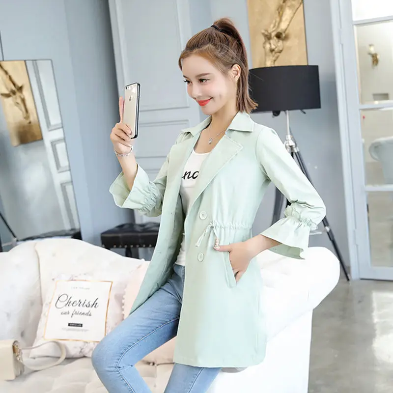 2022 Spring and autumn new style windbreaker jacket slim fashionable lace up versatile medium long