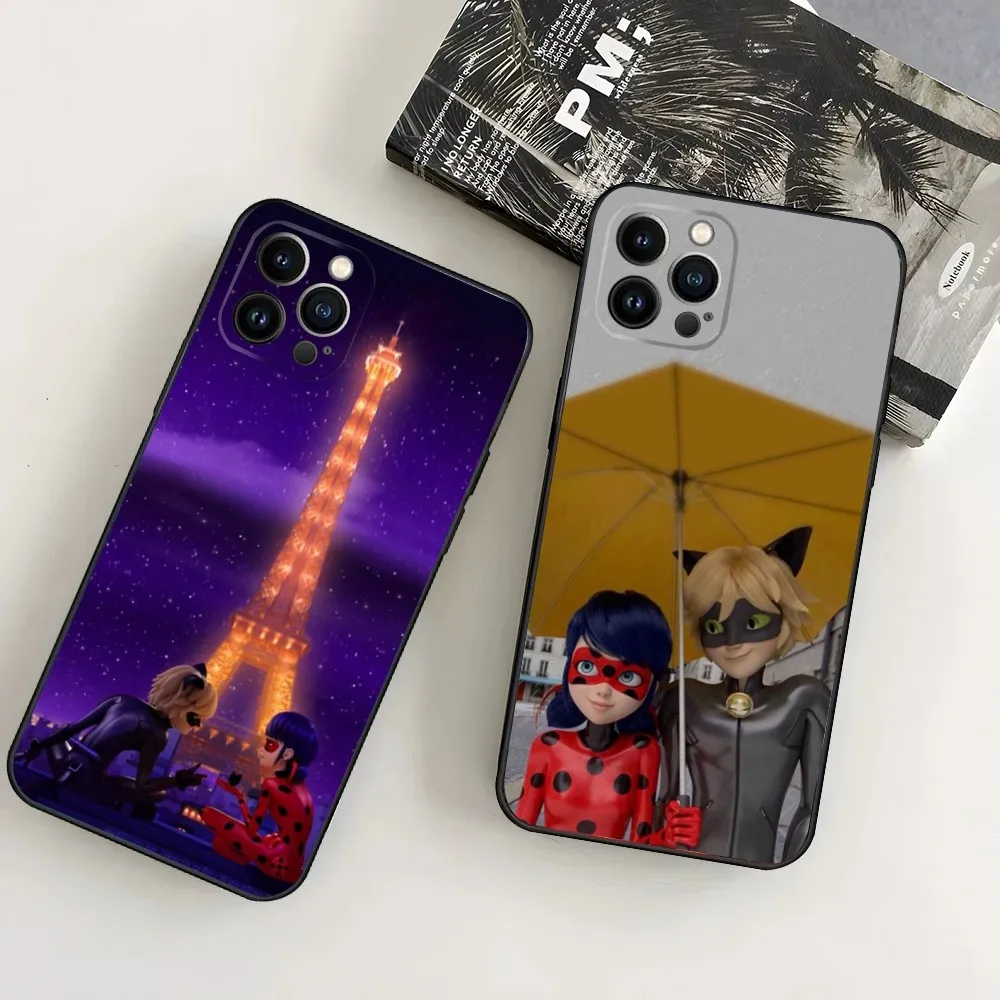 Cat Noir Phone Case For iPhone16 15 14 13 12 Mini 11 Pro XR X XS MAX 7 8 Plus L-LadybugES-S Silicone Cover Soft Black