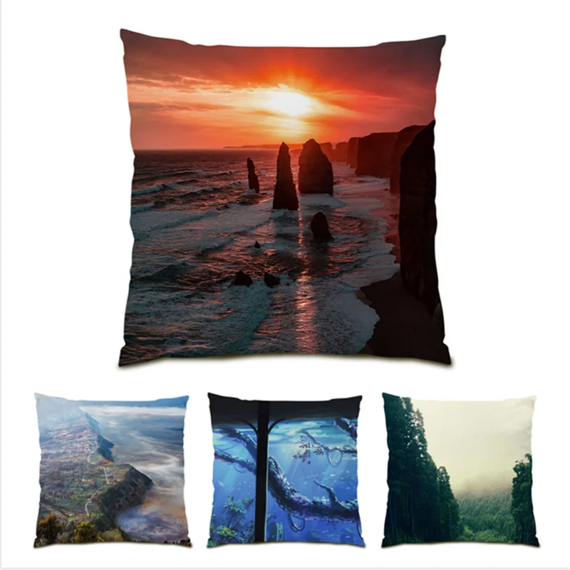 

Pillowcases Velvet Home Decor Sofas Chair Living Room Nature Landscape Polyester Linen Beautiful Cushion Covers Decorative E0997