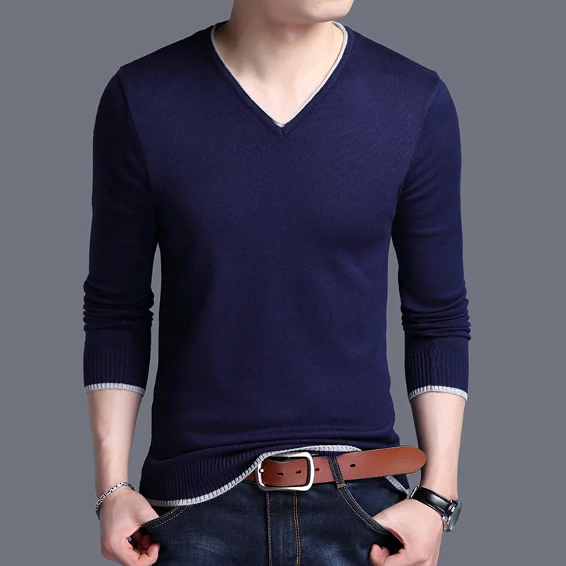 2023 New Fashion Brand Sweater Men V Neck Street Wear Tops Trending Mercerized Cotton Korean Long Sleeve Tee Men Clothing