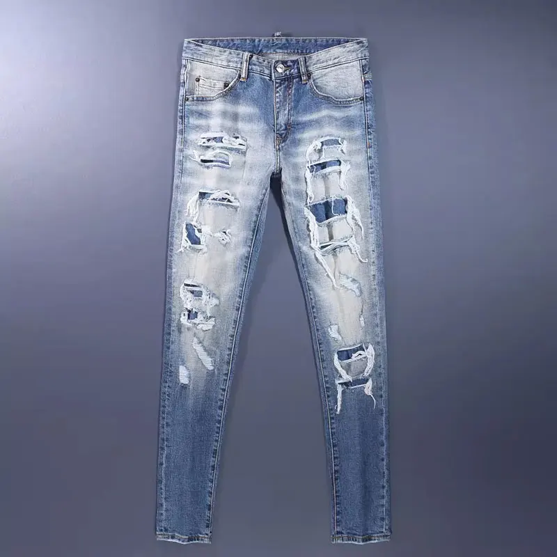 Джинсы мужские Стрейчевые в стиле ретро модные рваные джинсы скинни с вырезами