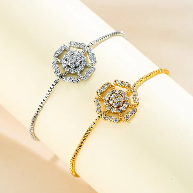 

Women's Romantic Rose Flower Plant Bracelet Gold-Plated Jewelry Elegant Delicate High Quality AAA Zircon Fashion Party Jewelry