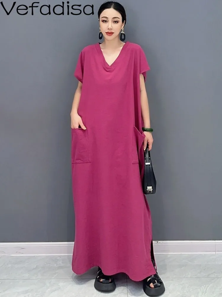 

Vefadisa 2023 Summer New Korean Style V-neck Loose Casual Design Short Sleeve Dress Women Fashion Rose Red Dress ZXF236B