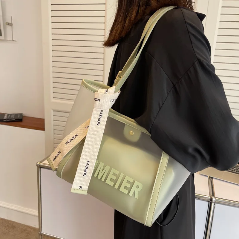 

Summer Transparent Bag Large Capacity Women's Bag Set 2022 New Fashion Jelly Bag Texture One Shoulder Commuter Bucket Bag