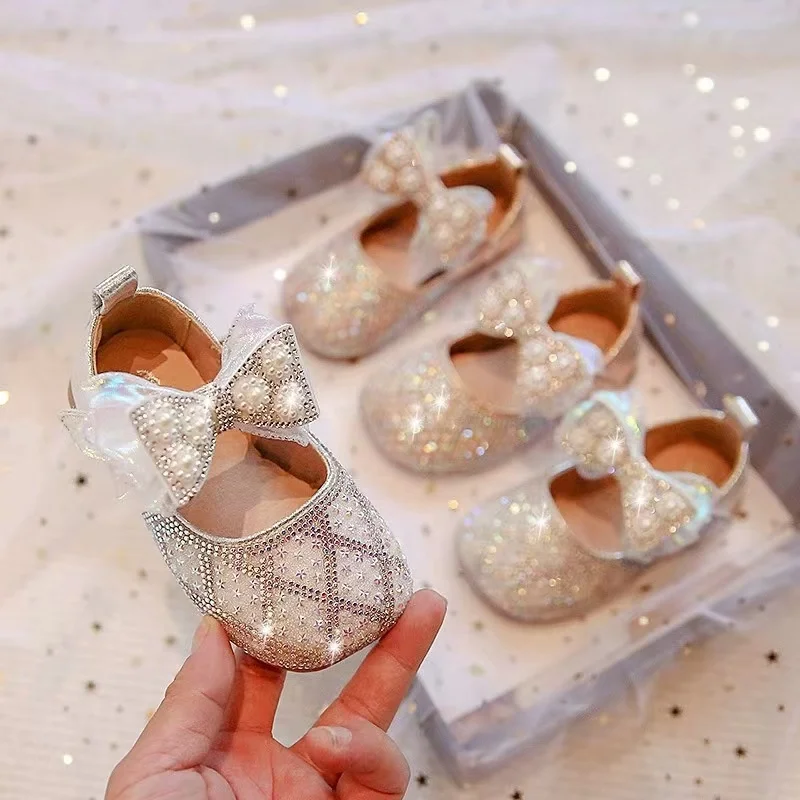 Spring and Autumn Girls' Lovely Bowknot Pearl Diamond Fashion Little Girls' Shoes Children's Princess Party Soft Soled Shoes