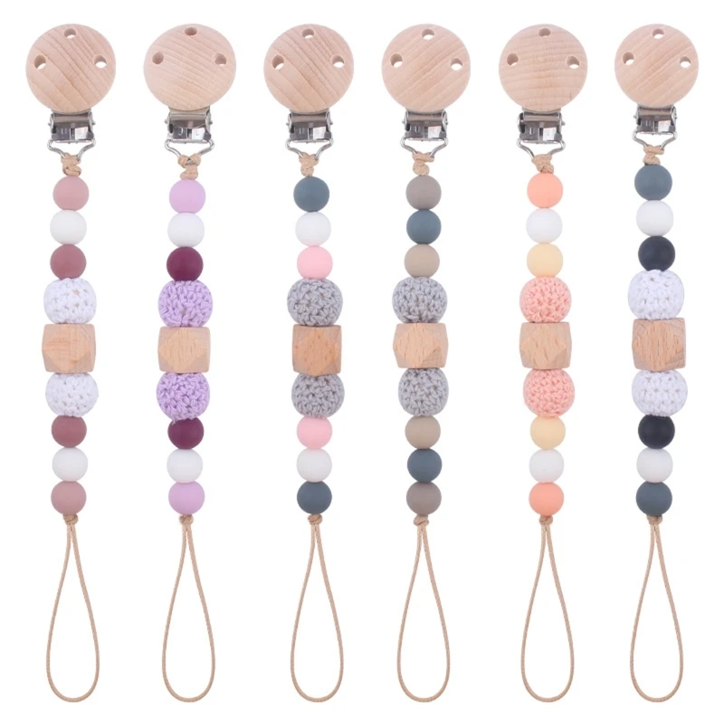 

Cute Wooden Bead Pacifier Clips Silicone Dummy Chain Holder Newborn Soother Chains Nipple Holder for Babies Teething Toy Baby