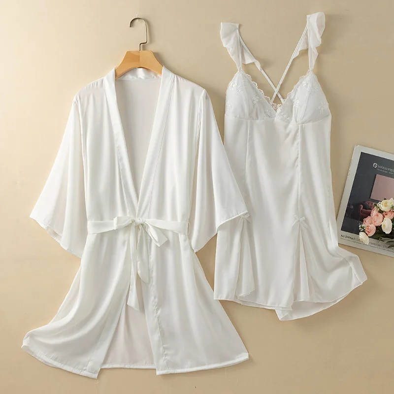 

Халат-кимоно женский кружевной, пикантная белая ночная рубашка, комплект из двух предметов, Тонкая шелковая атласная одежда для сна, свободное домашнее платье