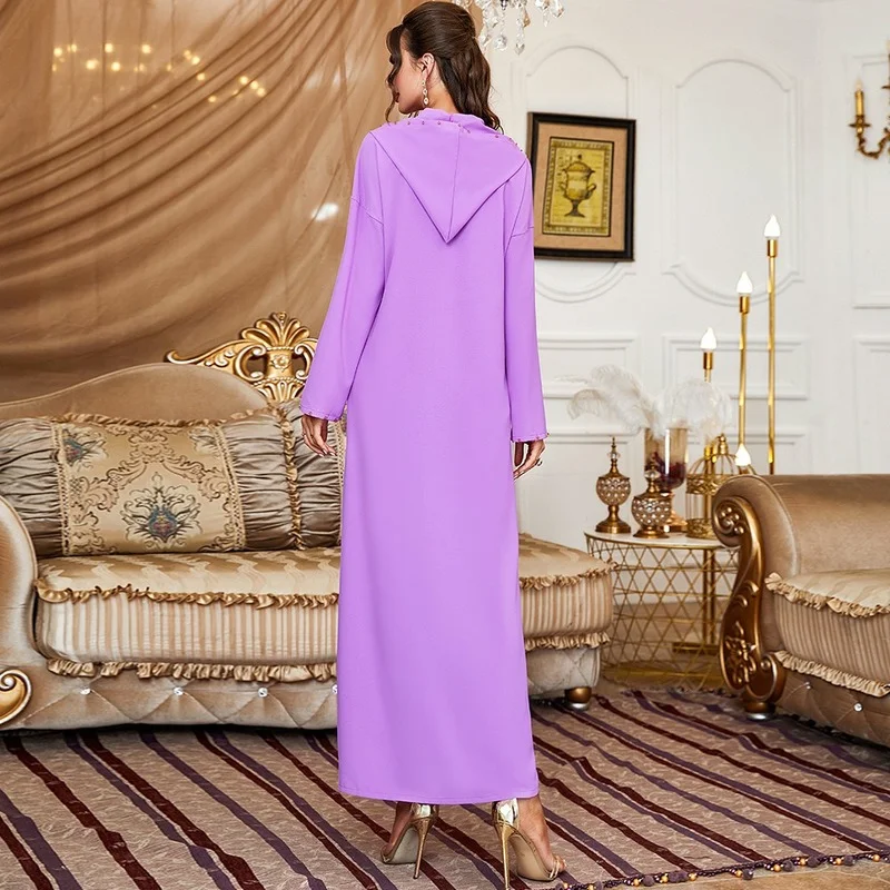 Fashion Muslim Dress Ramadan Purple Hand Sewn Diamond Hood Ladies Arabian Dress 2022 New Kaftan Djellaba Moroccan Vestidos