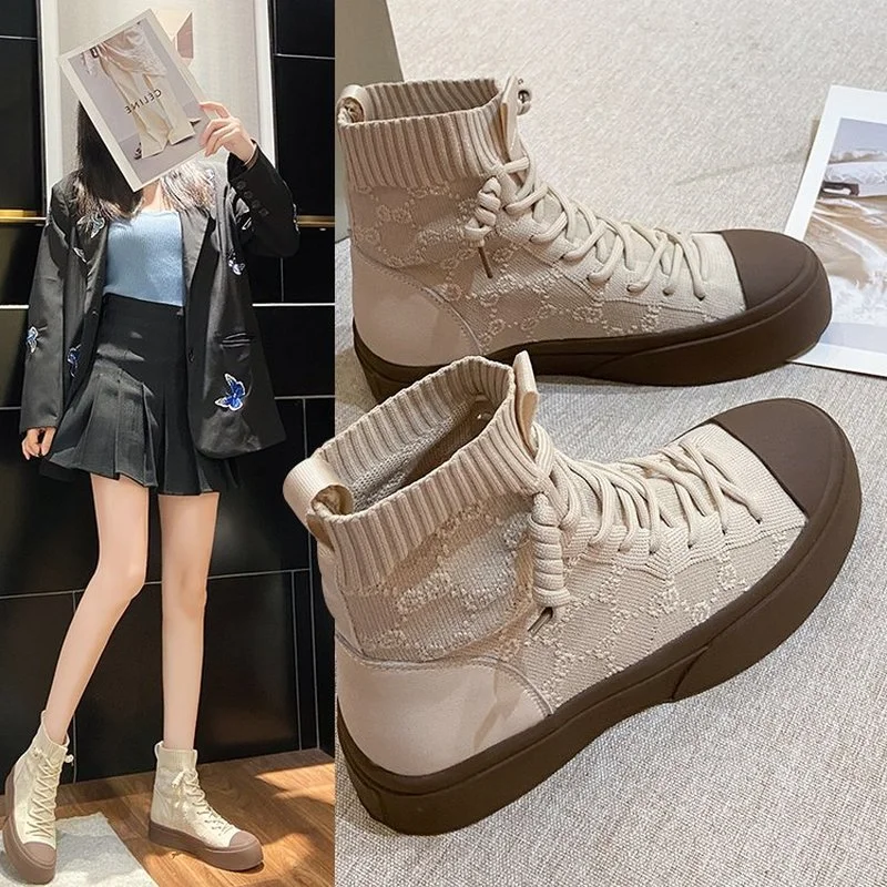 

Женская повседневная обувь на шнуровке, высокие туфли на платформе, вязаные Эспадрильи на толстой подошве для скейтборда, осень 2022