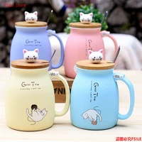 fsile 450ml cartoon ceramics cat mug with lid and spoon coffee milk tea mugs breakfast cup drinkware novelty gifts