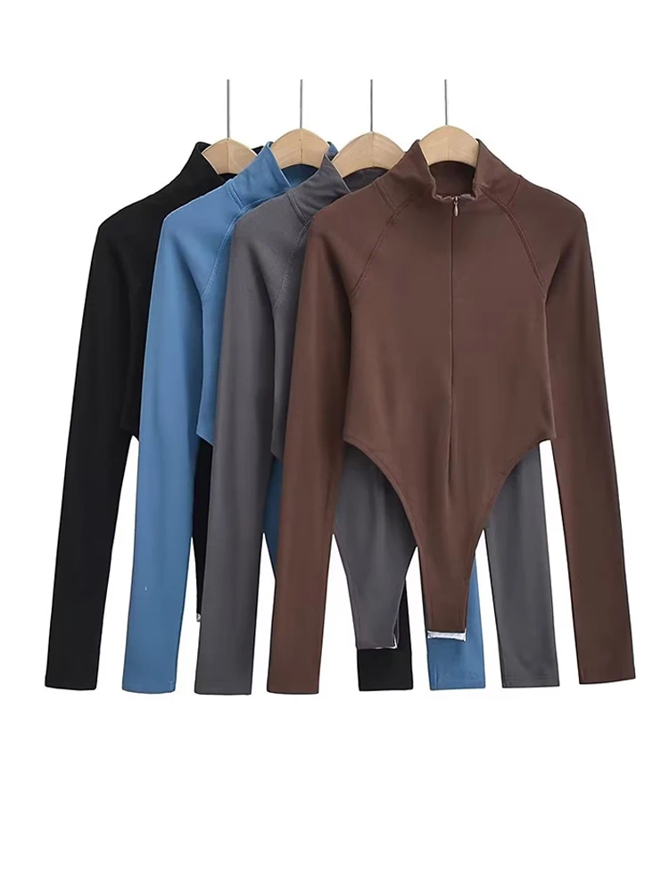 

Women Long Sleeve Zipper Stand Collar Bodysuits High Split Elastic Slim Jumpsuits Tops