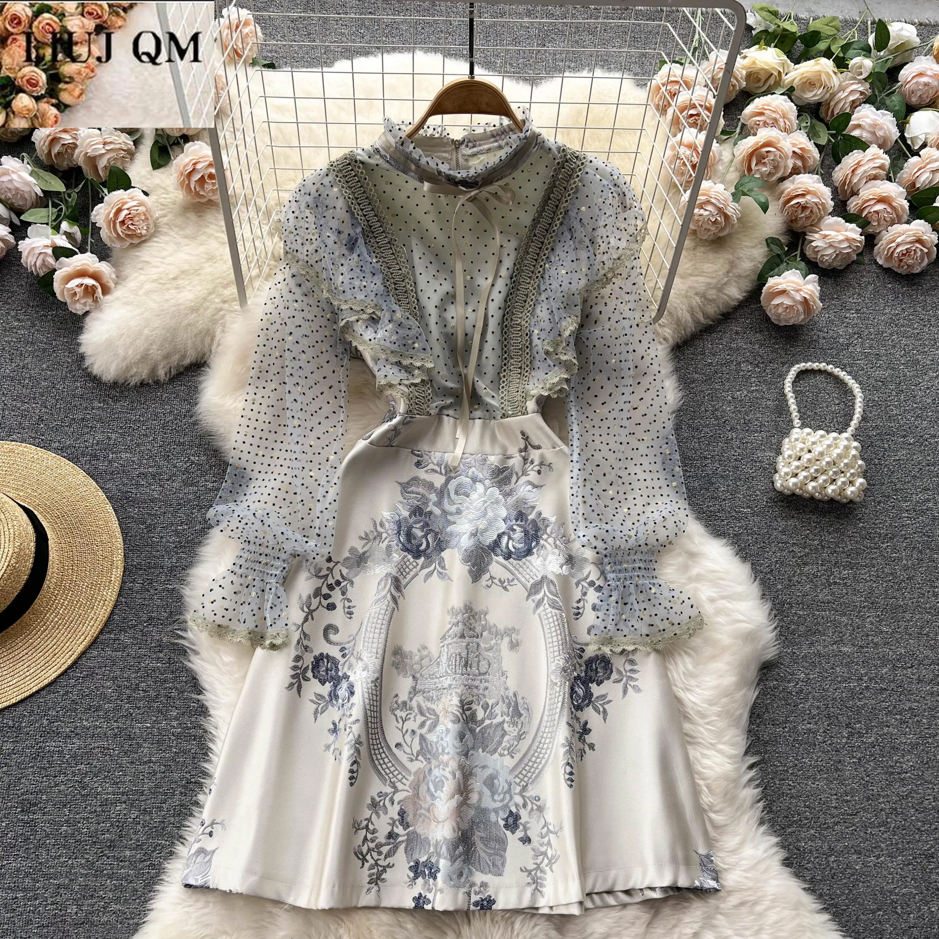 

Designer Spring Autumn Fashion Dress Women 2022 Long Sleeve Ruffle High Waist Dots And Floral A-line Short Formal Party Dresses
