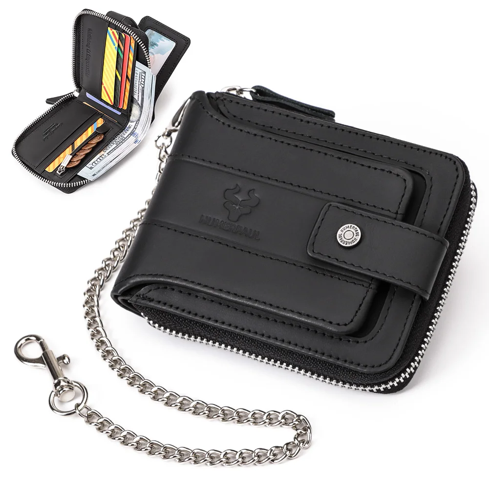 Мужской кошелек KAVIS из 100% натуральной кожи с цепочкой двойной складной на молнии