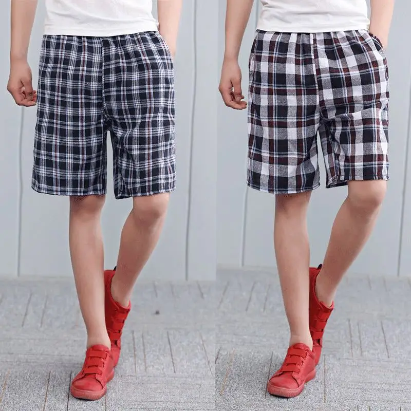 

Summer Thin Plaid Beach Pants Larger Loose Cotton and Linen Men's Shorts Middle-aged and Elderly Casual Quick-drying Beach Pants