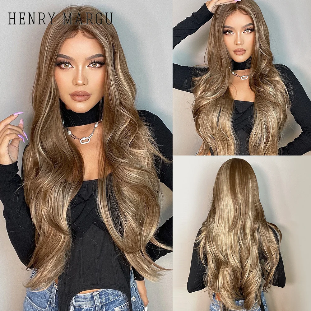 

HENRY MARGU Long Wave Synthetic Lace Wig Dark Brown T Part Lace Wig with Blonde Highlight for Black Women Cosplay Heat Resistant