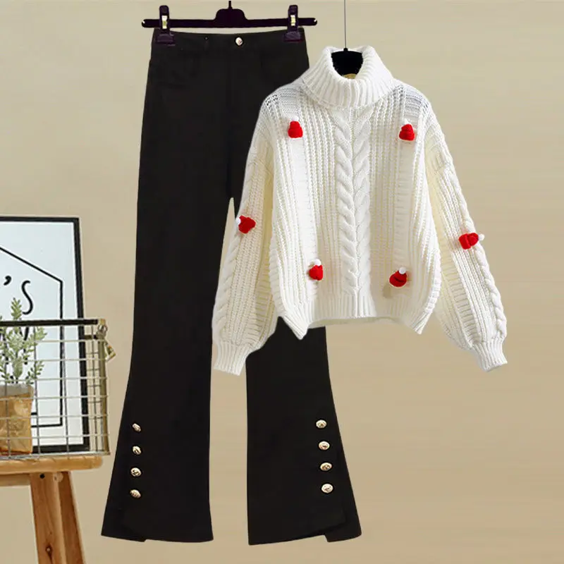 

Autumn Winter Single/set Women's 2023 New Age Reducing Small Christmas Hat Sweater High Waist Bell-bottoms Two-piece Fashion