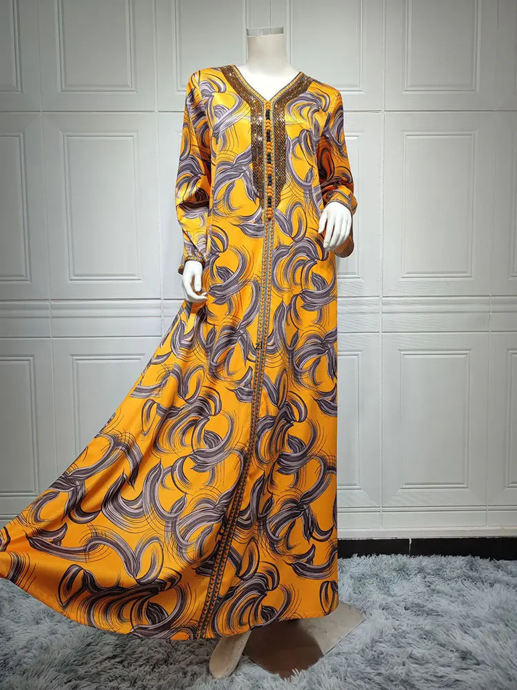Beaded Abaya Arabic Long Dress Women Printed Muslim Party Evening Dresses Gulf Jalabiya Moroccan Kaftan Dubai Ramadan Abaya