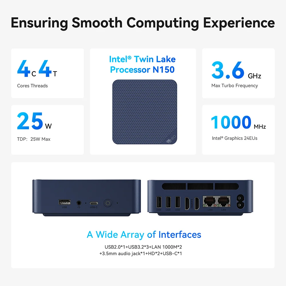 Фото Оптовая продажа Beelink EQ14 Intel Lake-N150 Max Turbo Mini PC 3200 МГц 16G 500G Двойные порта LAN 1000M Настольный офисный компьютер Mini S13 №3