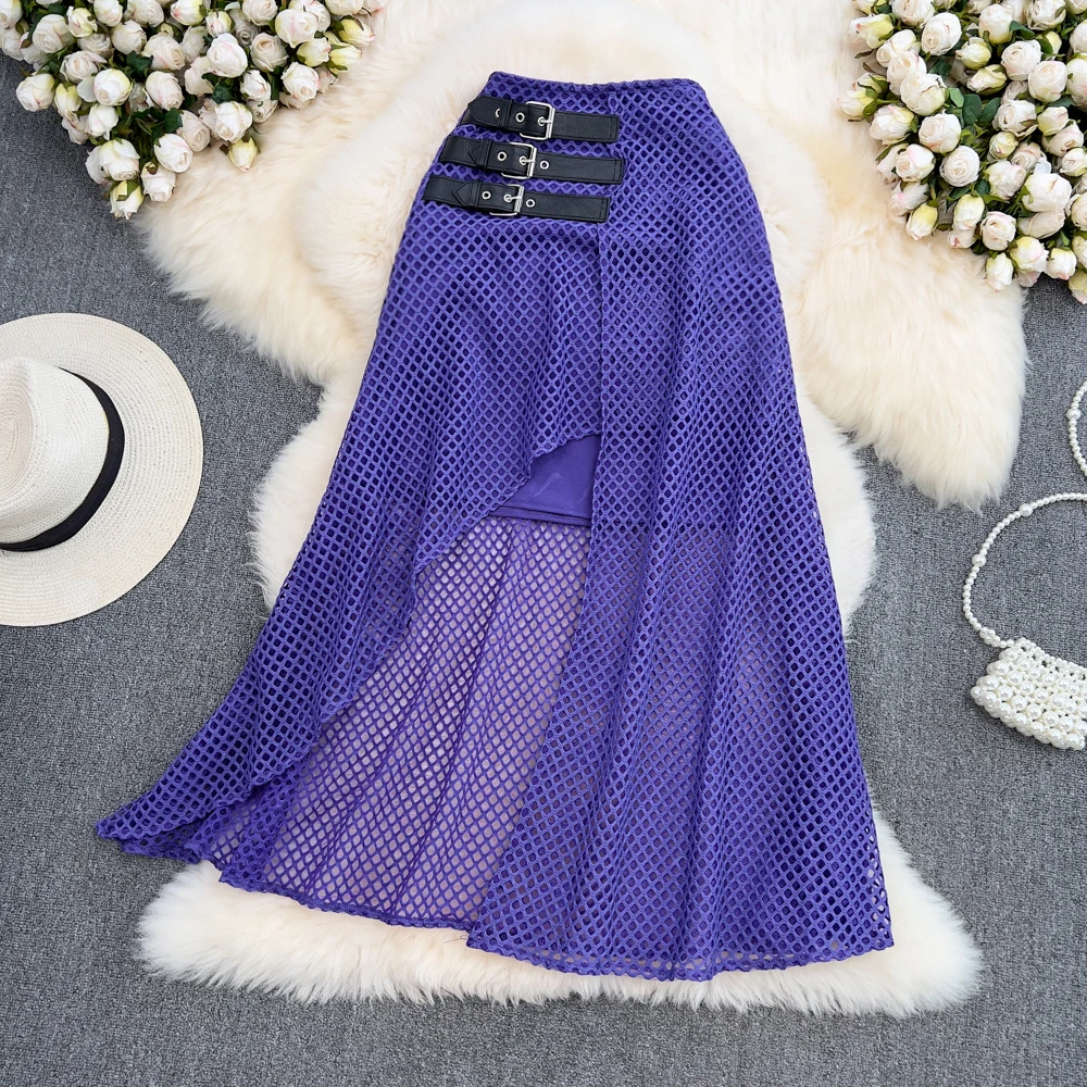 

Chic Asymmetrical Hollow Mesh Sexy Slit Elegant Full Skirt High Waist Slim Fashion Vintage Goth Lady Spring Summer Midi Skirt