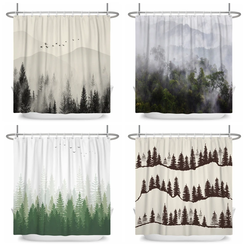

Misty Forest Woodland Shower Curtains Nature Shower Curtain Fall Shower Curtain Waterproof Polyester Fabric Home Decor with Hook
