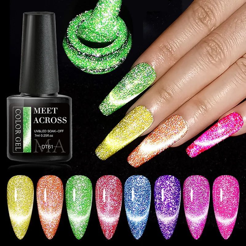 

MEET ACROSS 7ML Reflective Fluorescent Magnetic Gel Nail Polish Neon Yellow Glitter Semi Permanent Soak Off UV Nail Varnishes