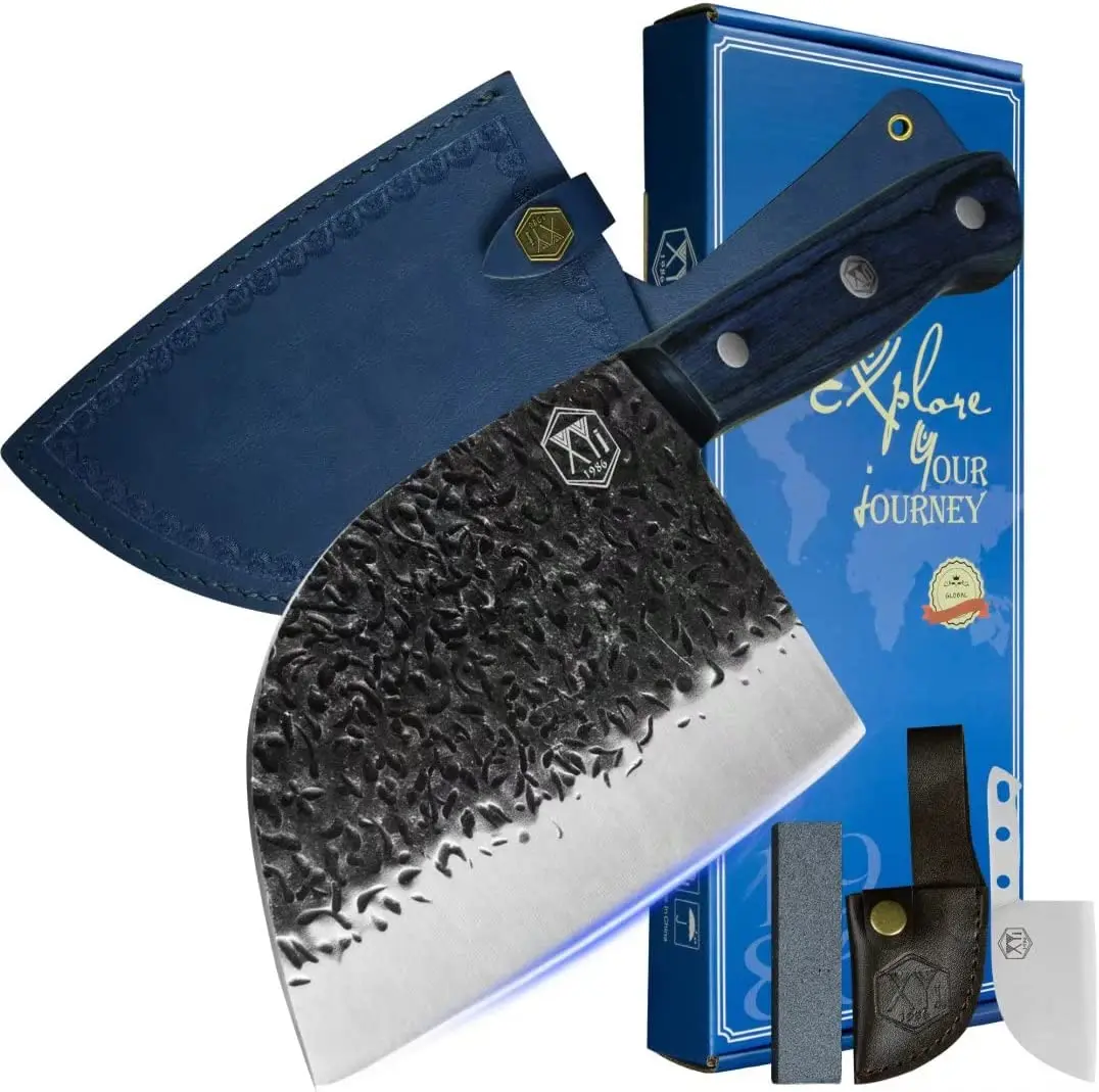 

Zemen Full Tang Chinese Cleaver 7 Inch Ancient Chef Knife Stainless Steel Kitchen Camping Knives With Sheath Whetstone Non-stick
