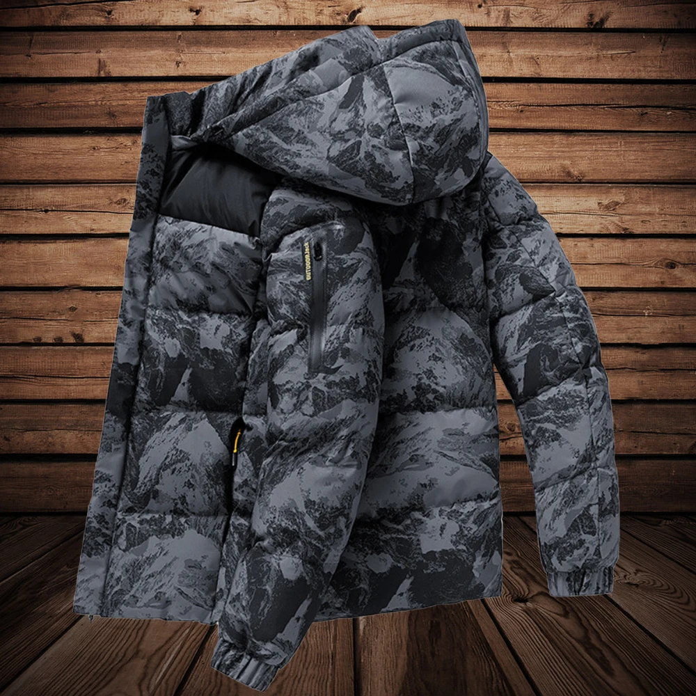 

Grey Camouflage Puffer Jacket Men Parka Jackets Winter Outdoor Sports Windbreaker Coats With Hood Men Warm Thicken Padded Coat